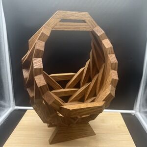 Vtg MCM WOOD BLOCK BASKET ART PLANTER BOHO DECOR EASTER GIFT 12"tall